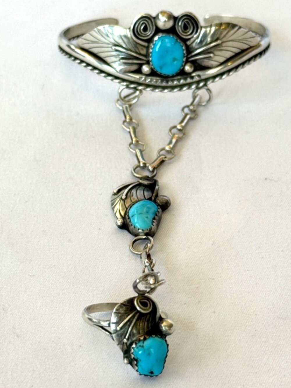 VINTAGE NAVAJO SIGNED TURQUOISE STERLING SILVER SLAVE BRACELET 20g RING SIZE 7